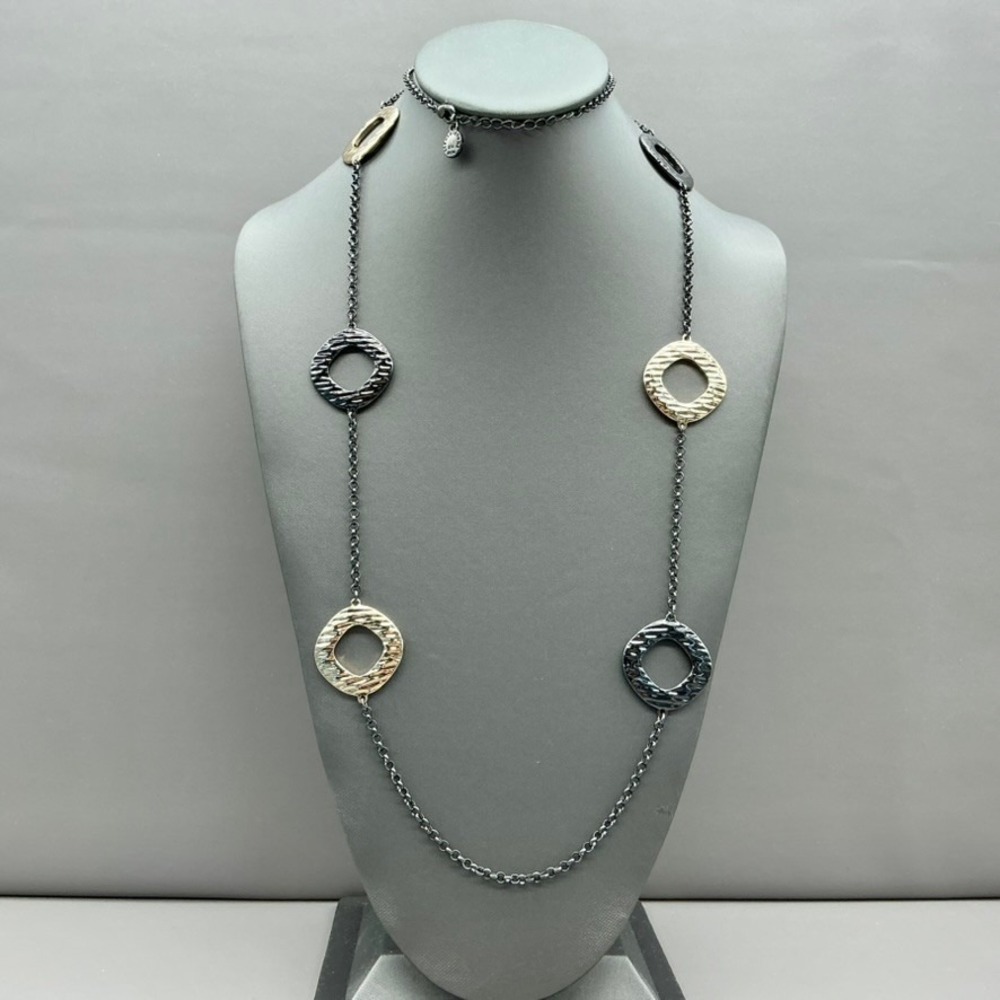 Liz Claiborne Long Station Necklace Gold Tone Black Textured Geometric Circles